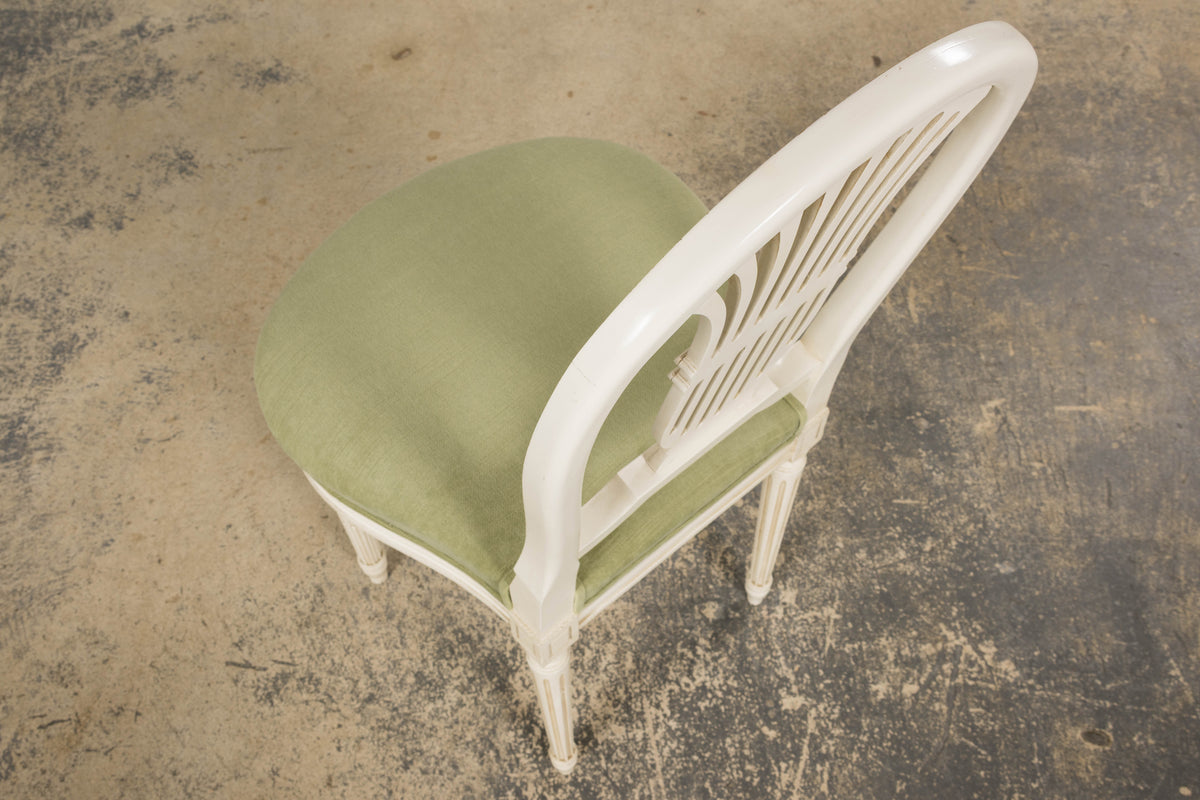 Pair of French Louis XVI Neoclassical Style Painted Lyre Back Accent Chairs in Laurel Green Velvet