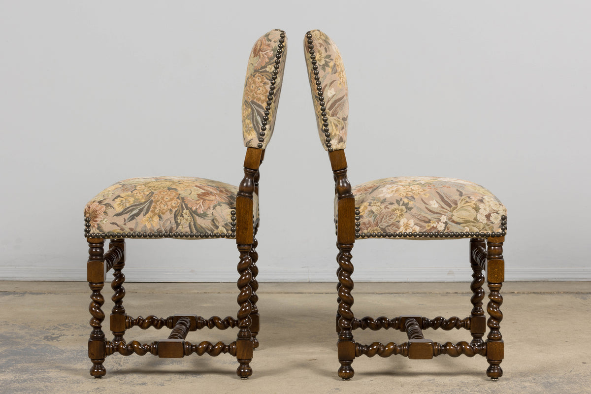 French Louis XIII Style Oak Barley Twist Dining Chairs W/ Floral Tapestry - Set of 8