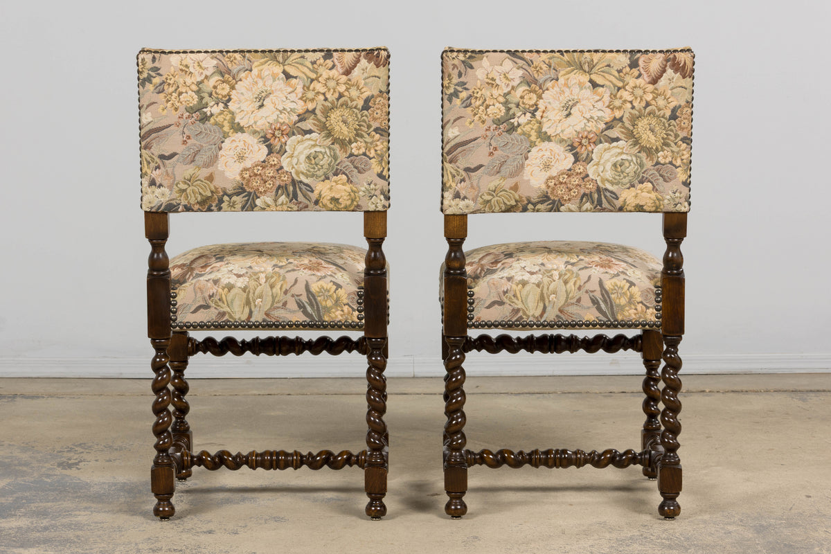 French Louis XIII Style Oak Barley Twist Dining Chairs W/ Floral Tapestry - Set of 8