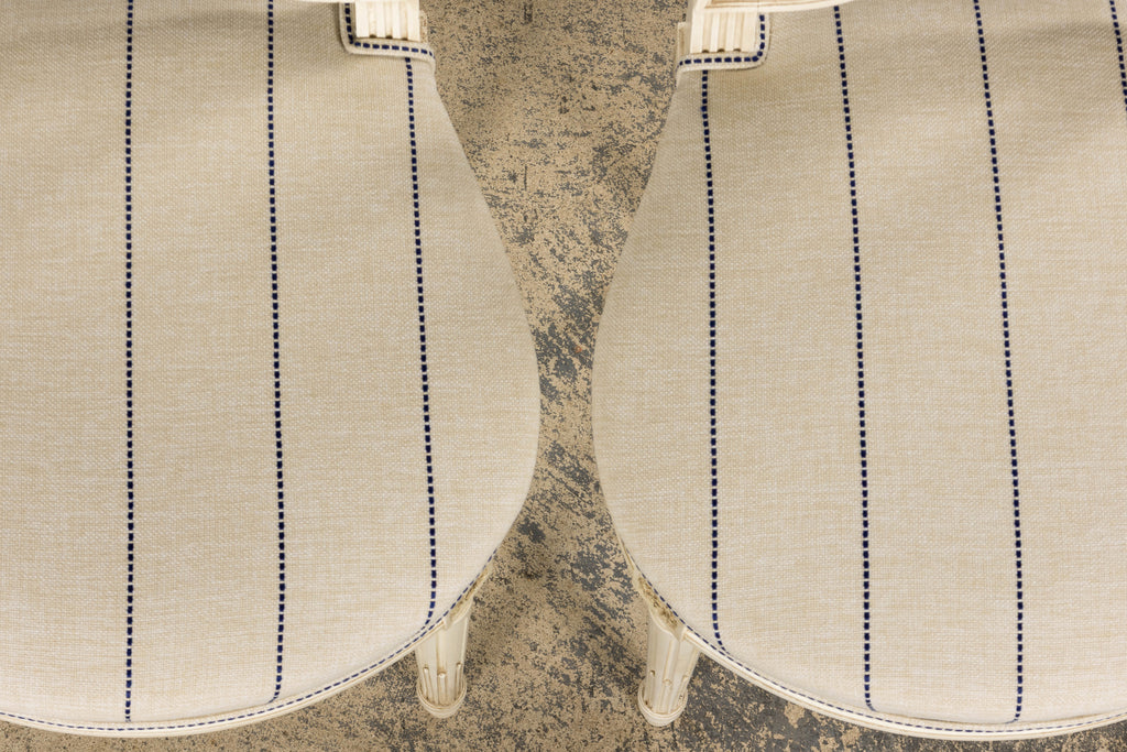 Pair of French Louis XVI Neoclassical Style Painted Lyre Back Accent Chairs in Blue Stripe