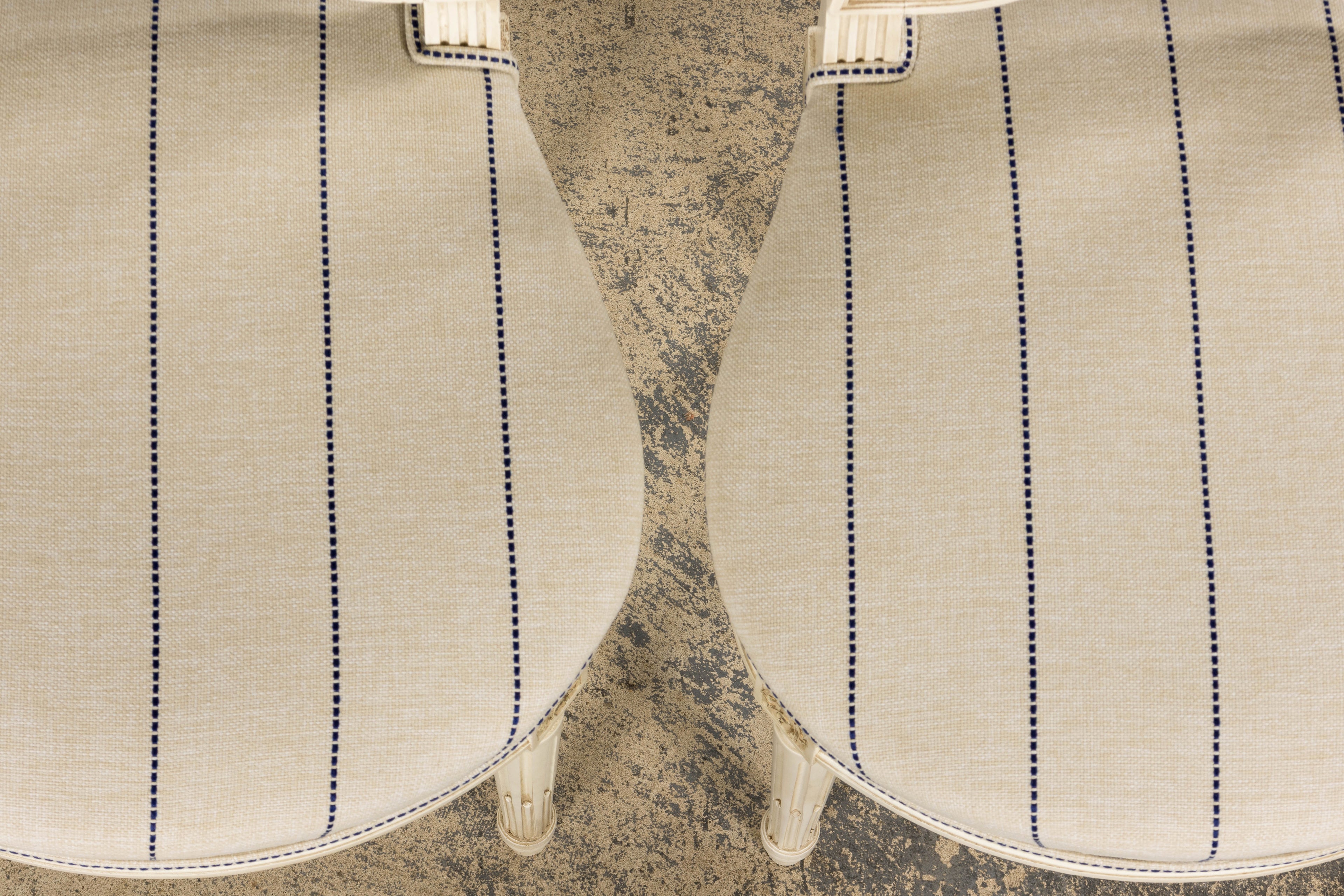 Pair of French Louis XVI Neoclassical Style Painted Lyre Back Accent Chairs in Blue Stripe