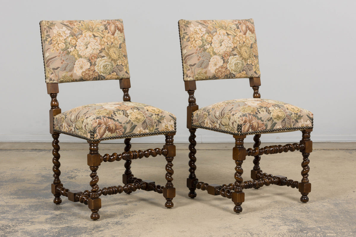French Louis XIII Style Oak Barley Twist Dining Chairs W/ Floral Tapestry - Set of 8