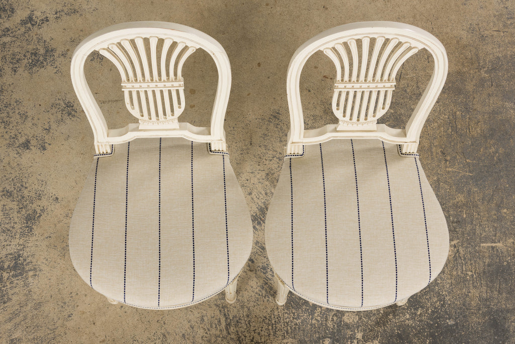 Pair of French Louis XVI Neoclassical Style Painted Lyre Back Accent Chairs in Blue Stripe