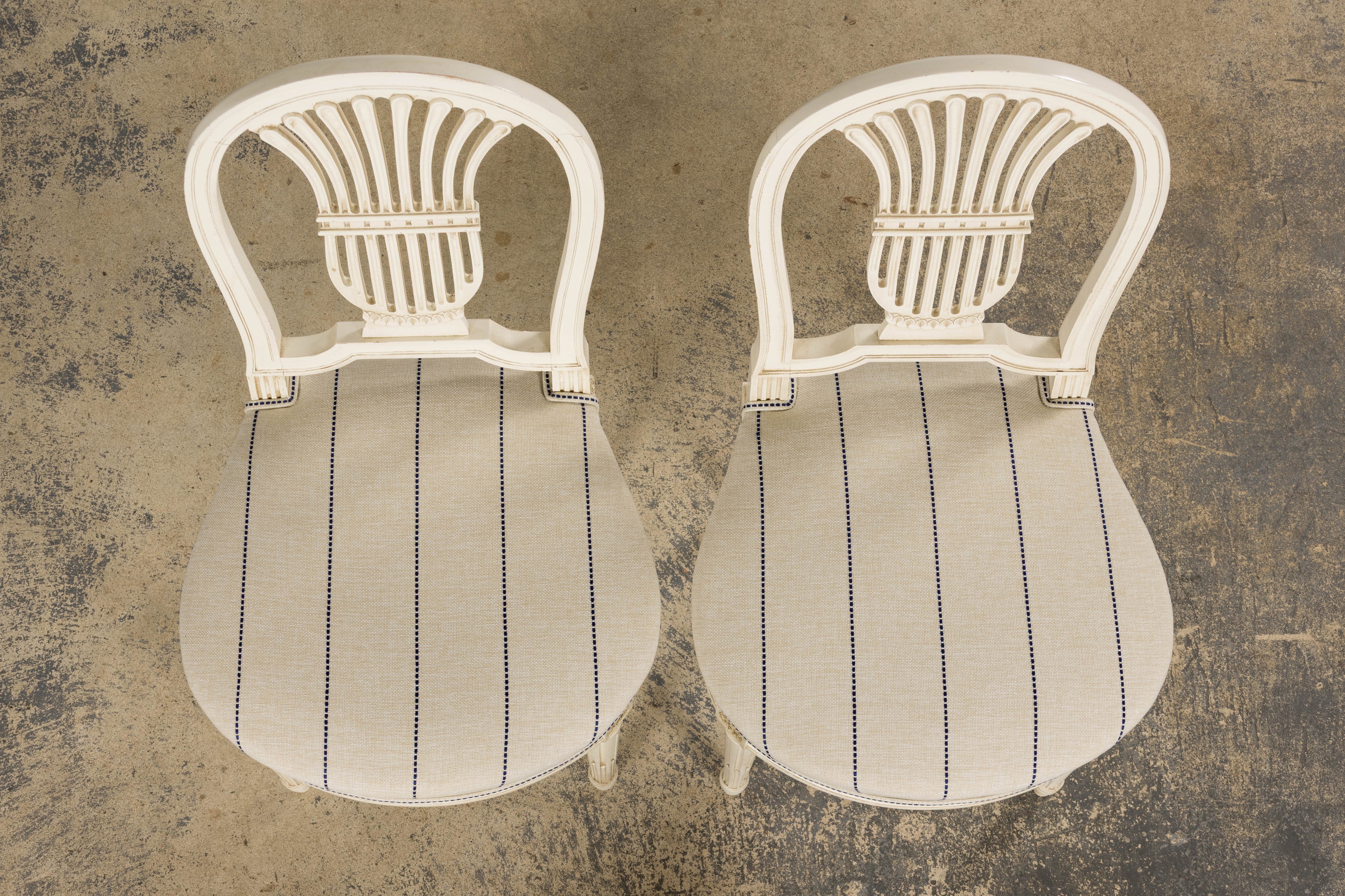 Pair of French Louis XVI Neoclassical Style Painted Lyre Back Accent Chairs in Blue Stripe