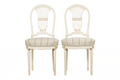 Pair of French Louis XVI Neoclassical Style Painted Lyre Back Accent Chairs in Blue Stripe
