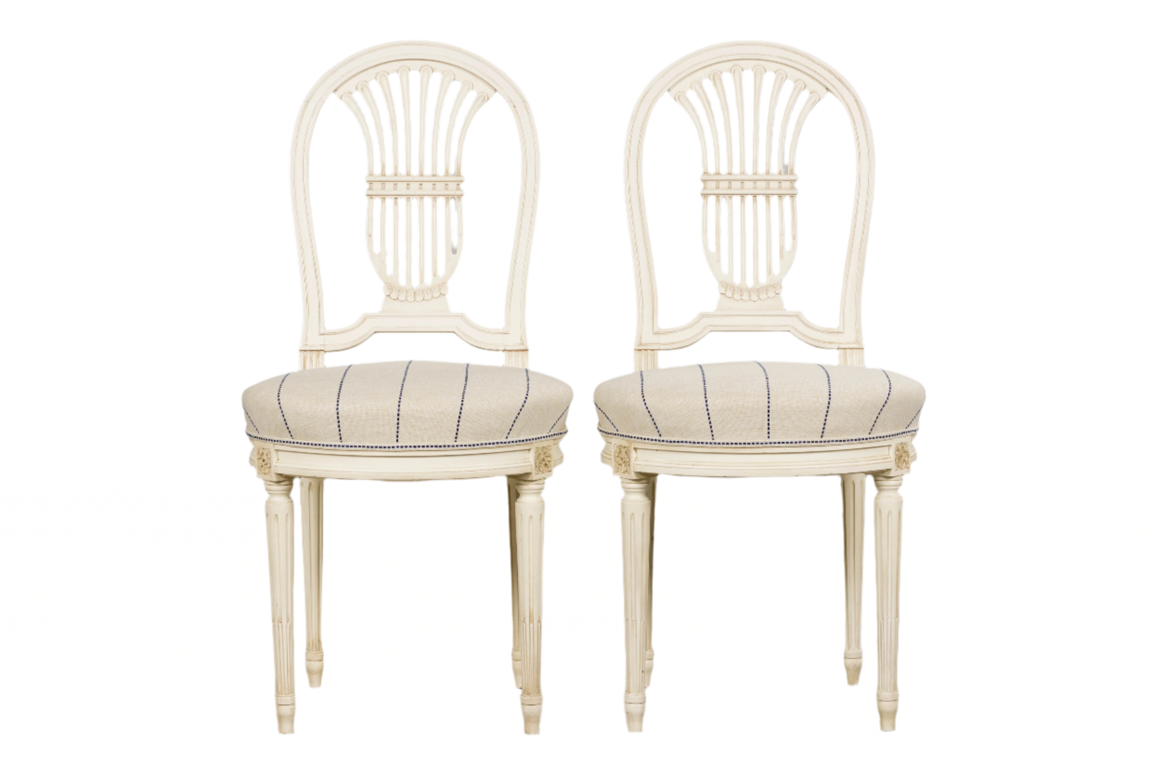 Pair of French Louis XVI Neoclassical Style Painted Lyre Back Accent Chairs in Blue Stripe