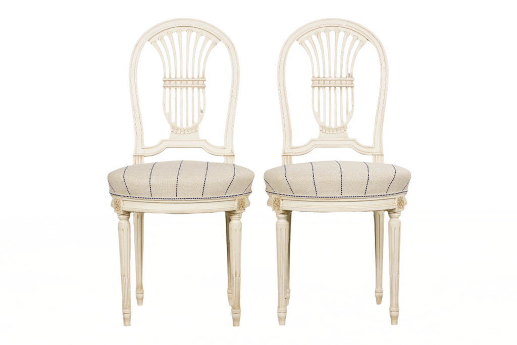 Pair of French Louis XVI Neoclassical Style Painted Lyre Back Accent Chairs in Blue Stripe