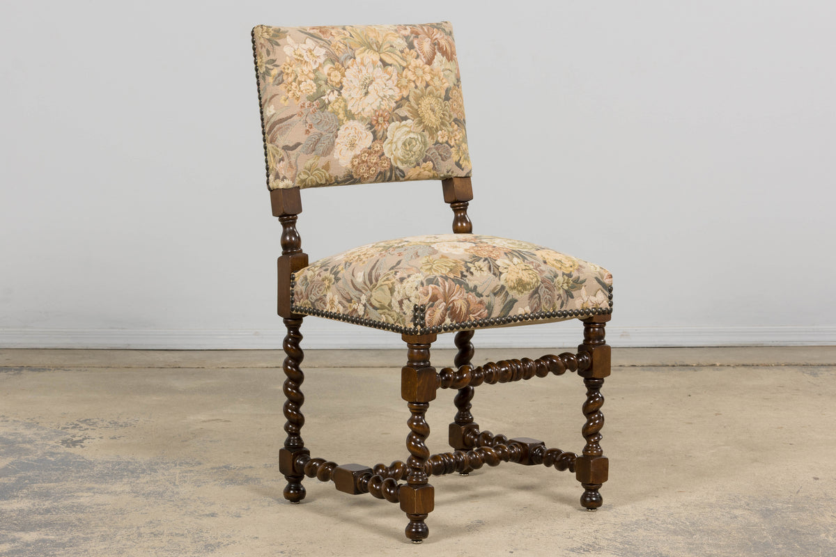 French Louis XIII Style Oak Barley Twist Dining Chairs W/ Floral Tapestry - Set of 8