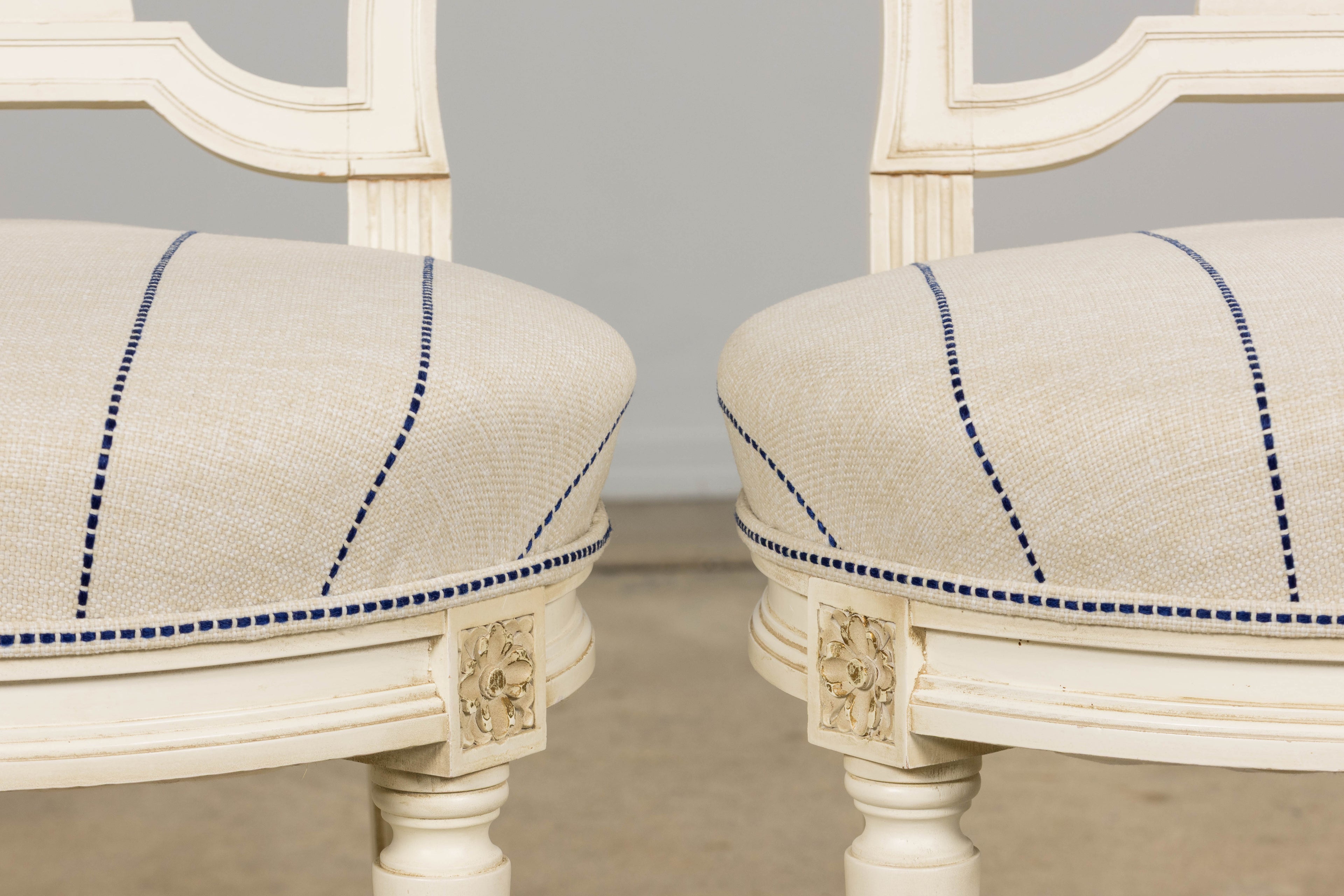 Pair of French Louis XVI Neoclassical Style Painted Lyre Back Accent Chairs in Blue Stripe