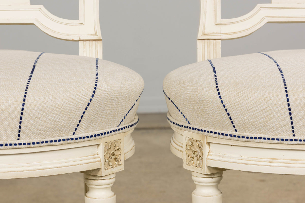 Pair of French Louis XVI Neoclassical Style Painted Lyre Back Accent Chairs in Blue Stripe