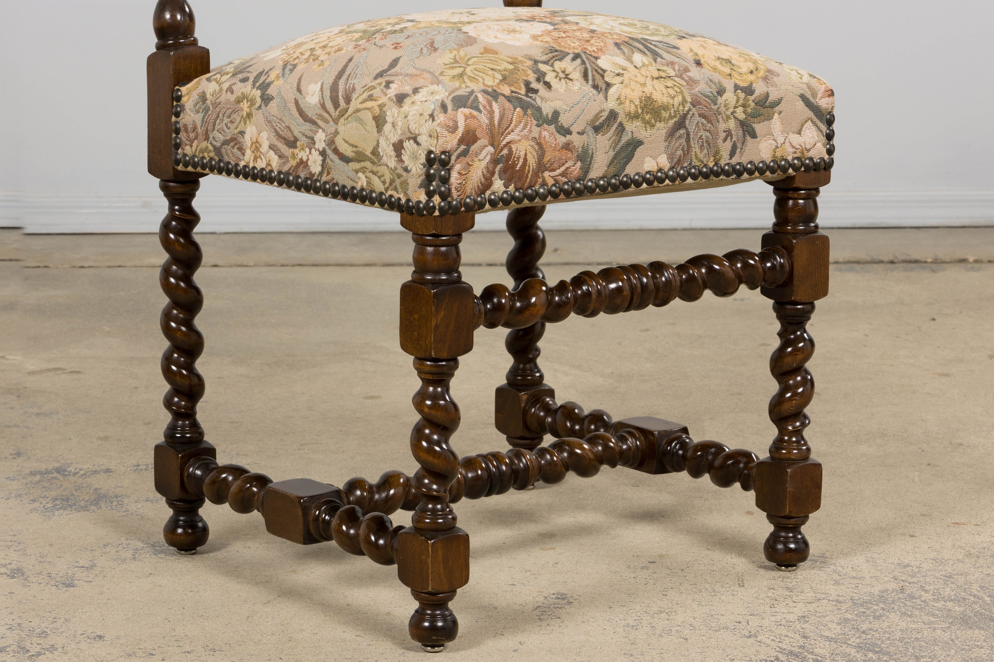 French Louis XIII Style Oak Barley Twist Dining Chairs W/ Floral Tapestry - Set of 8