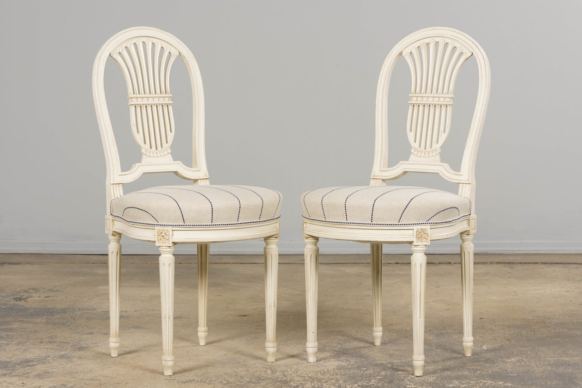 Pair of French Louis XVI Neoclassical Style Painted Lyre Back Accent Chairs in Blue Stripe