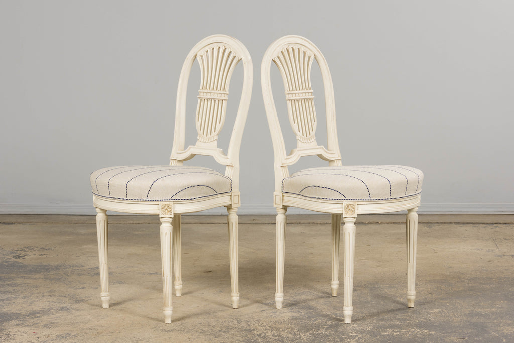 Pair of French Louis XVI Neoclassical Style Painted Lyre Back Accent Chairs in Blue Stripe