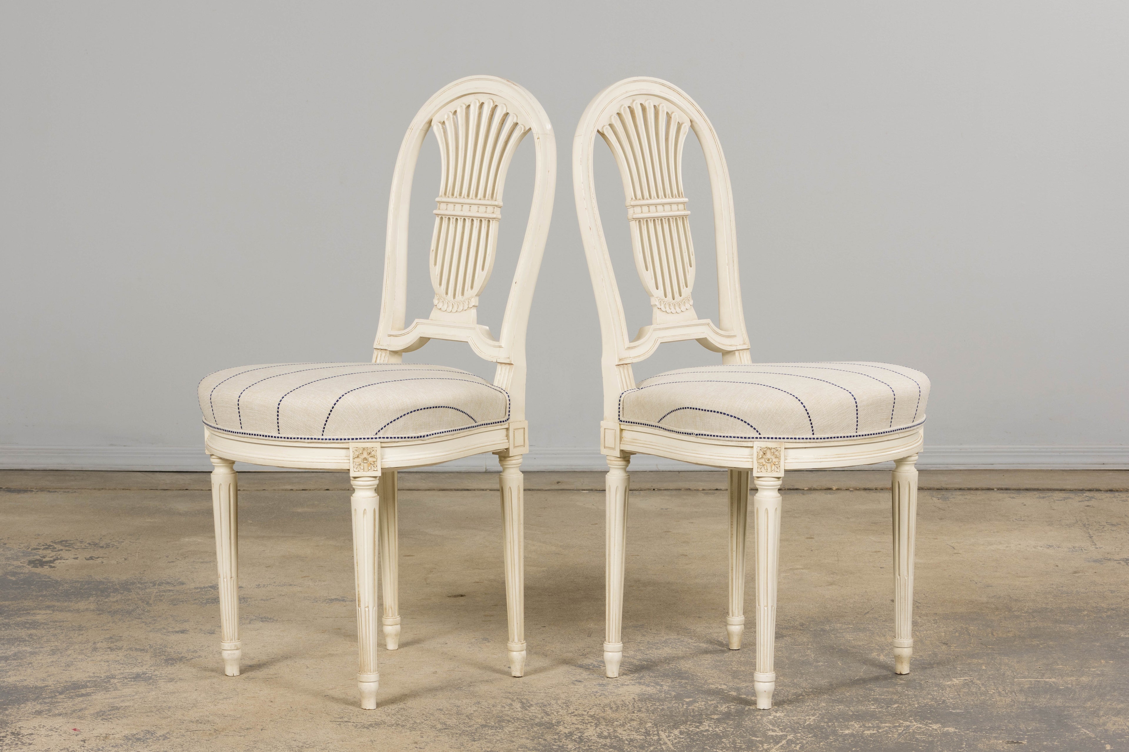 Pair of French Louis XVI Neoclassical Style Painted Lyre Back Accent Chairs in Blue Stripe