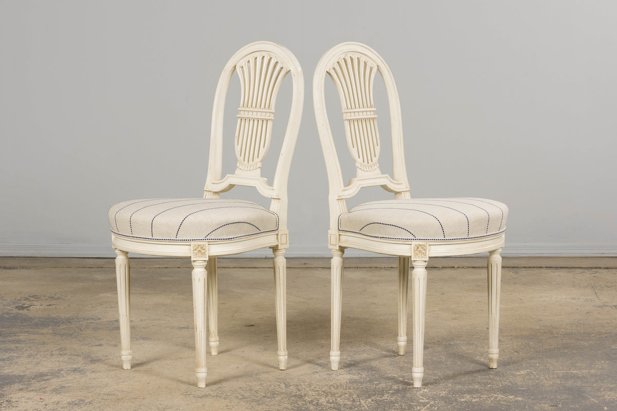 Pair of French Louis XVI Neoclassical Style Painted Lyre Back Accent Chairs in Blue Stripe