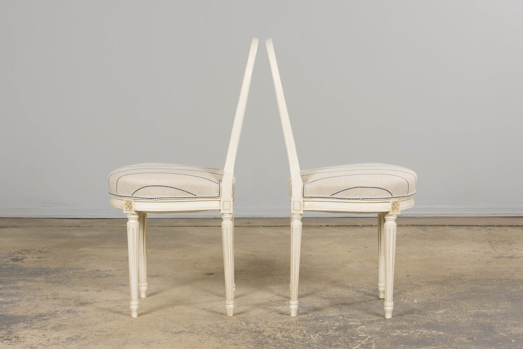 Pair of French Louis XVI Neoclassical Style Painted Lyre Back Accent Chairs in Blue Stripe
