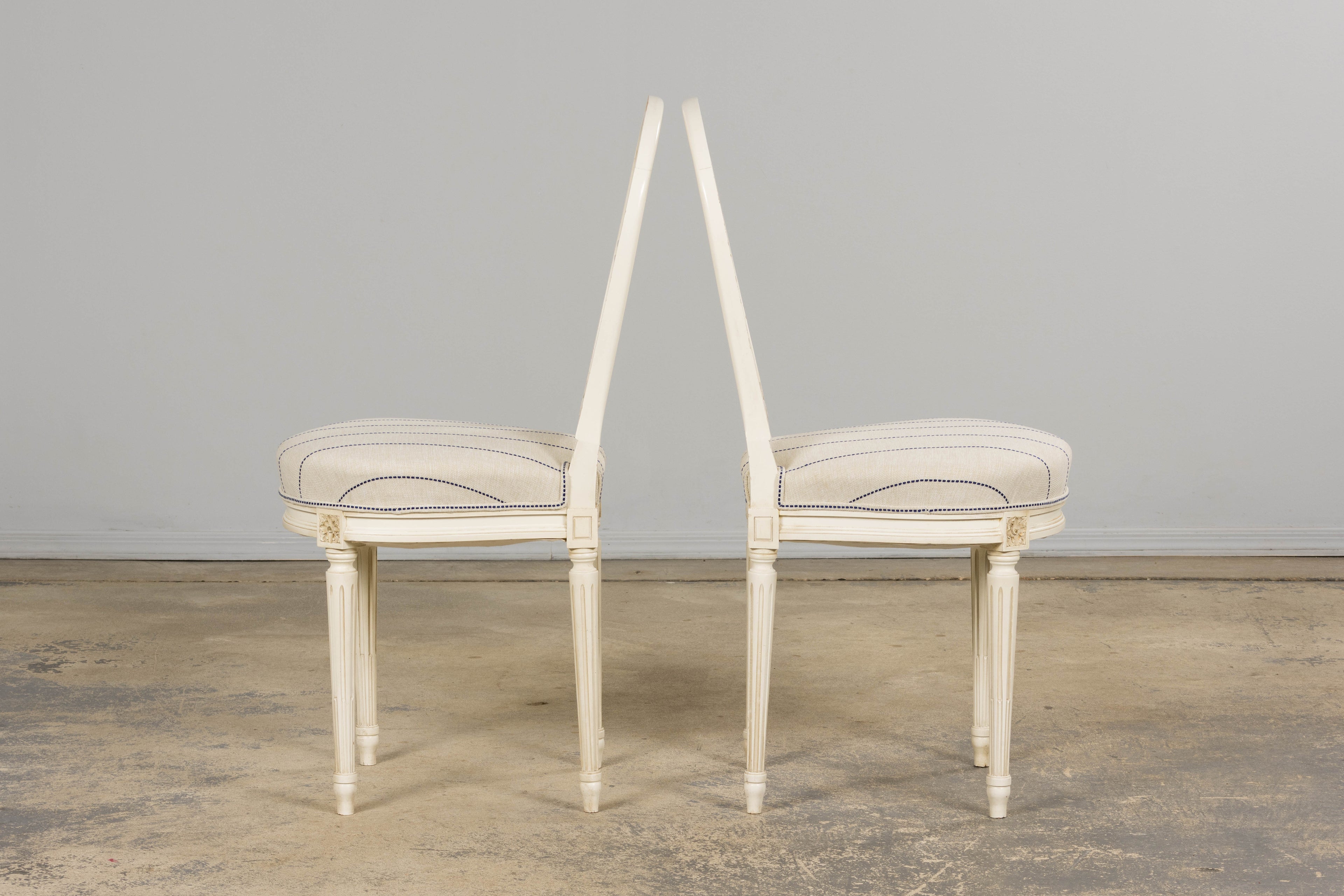 Pair of French Louis XVI Neoclassical Style Painted Lyre Back Accent Chairs in Blue Stripe