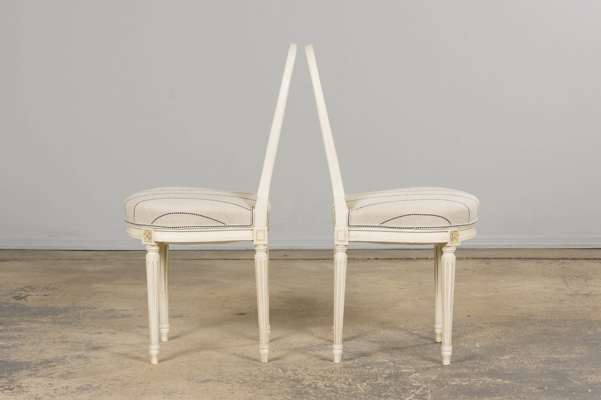 Pair of French Louis XVI Neoclassical Style Painted Lyre Back Accent Chairs in Blue Stripe