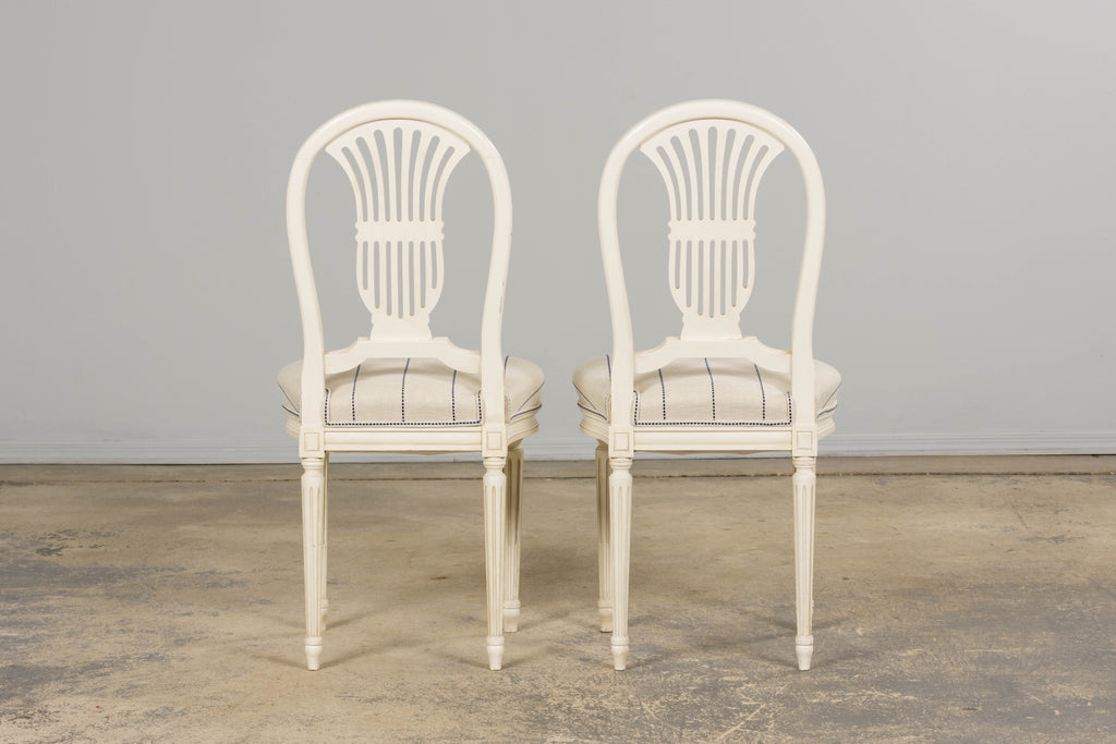 Pair of French Louis XVI Neoclassical Style Painted Lyre Back Accent Chairs in Blue Stripe