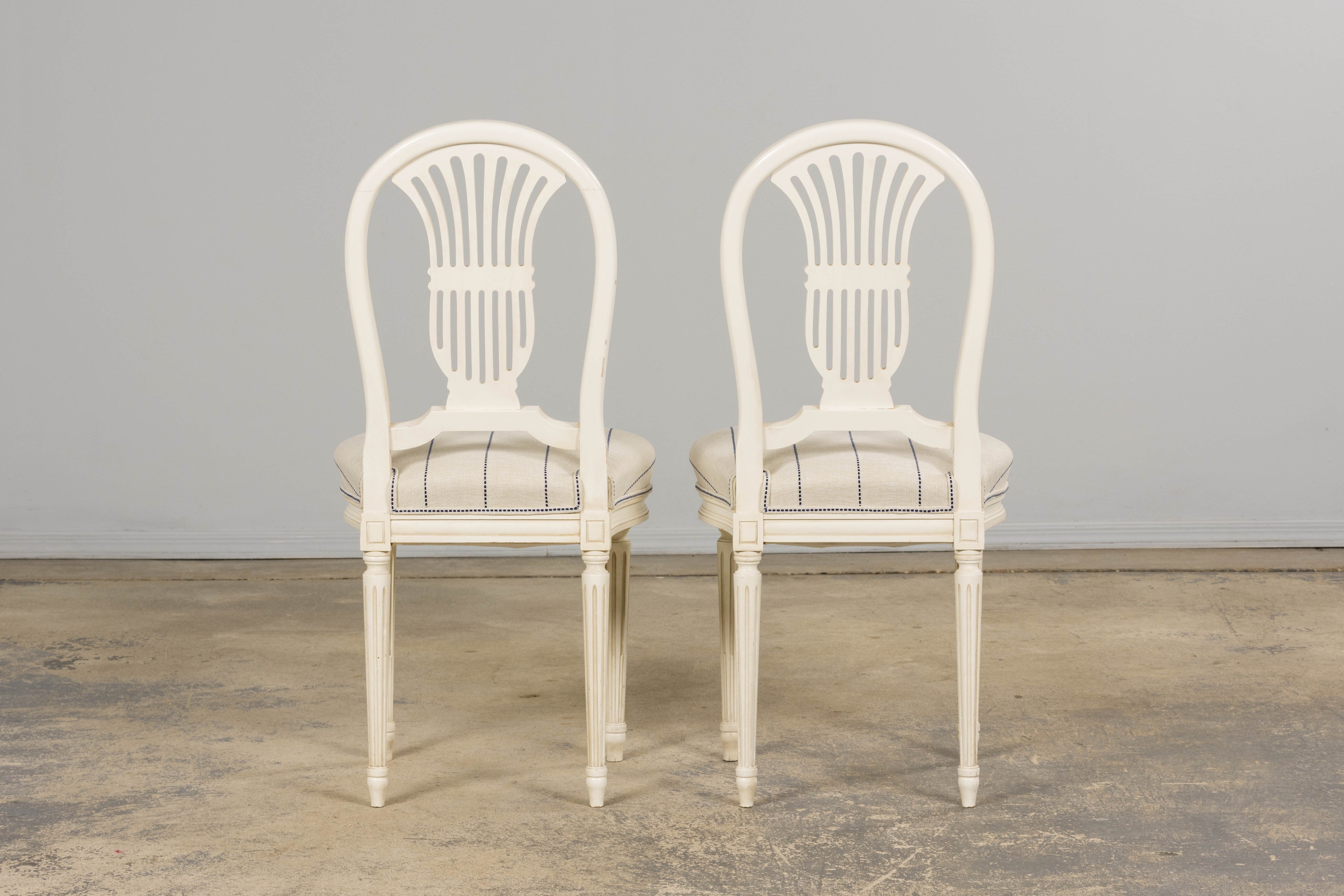 Pair of French Louis XVI Neoclassical Style Painted Lyre Back Accent Chairs in Blue Stripe
