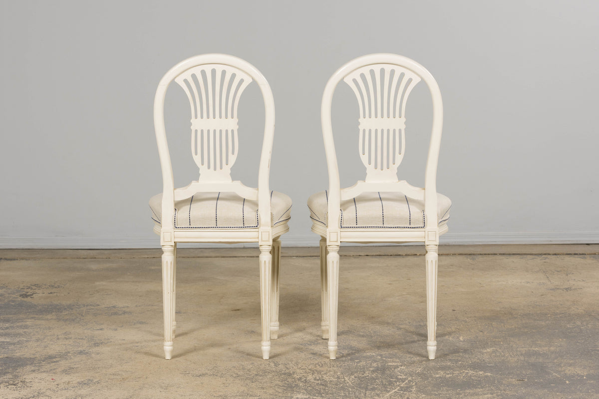 Pair of French Louis XVI Neoclassical Style Painted Lyre Back Accent Chairs in Blue Stripe