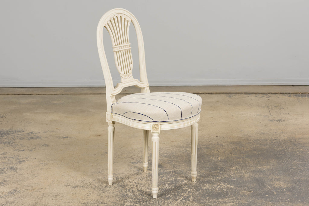 Pair of French Louis XVI Neoclassical Style Painted Lyre Back Accent Chairs in Blue Stripe