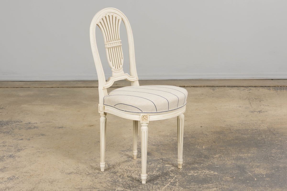 Pair of French Louis XVI Neoclassical Style Painted Lyre Back Accent Chairs in Blue Stripe