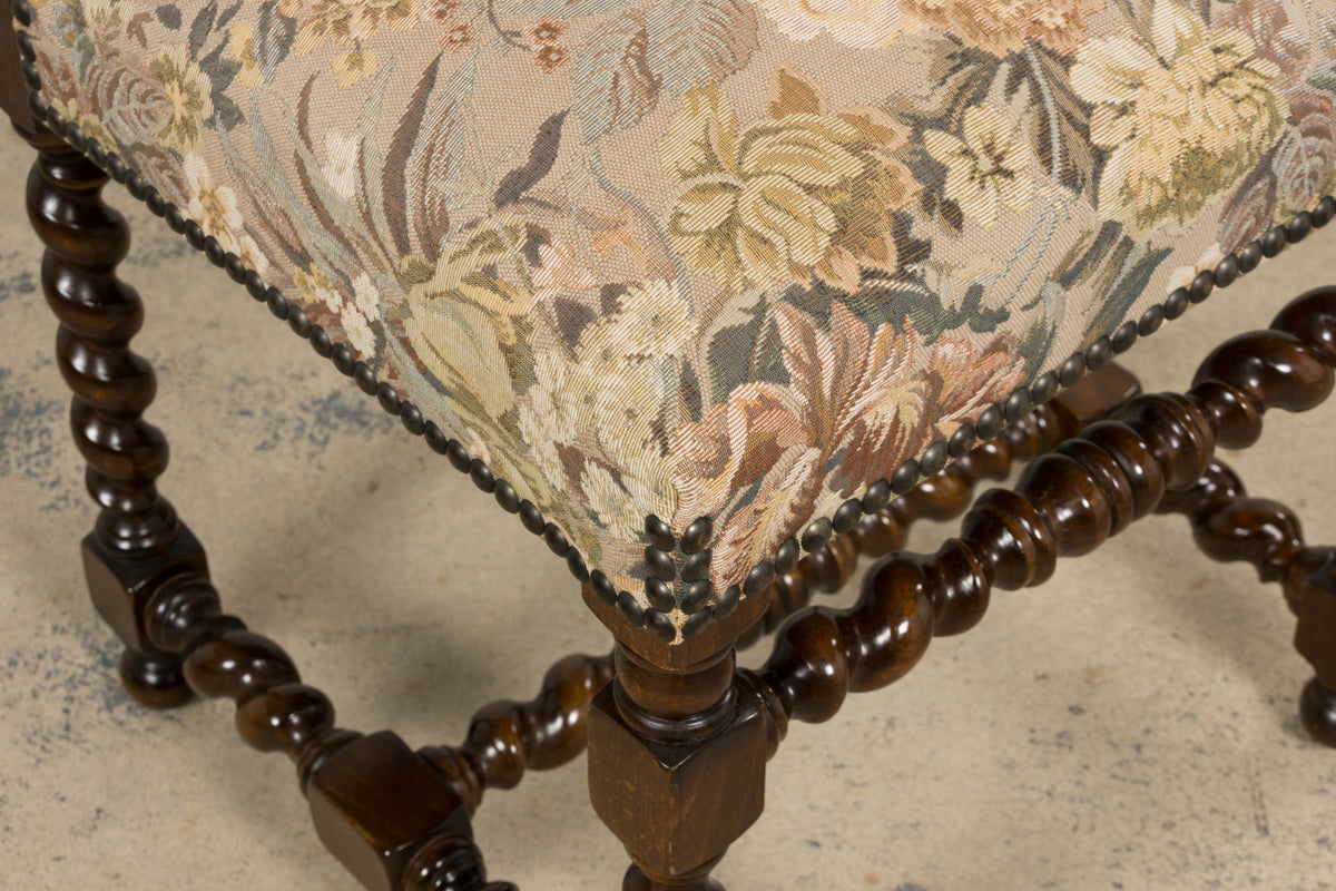 French Louis XIII Style Oak Barley Twist Dining Chairs W/ Floral Tapestry - Set of 8