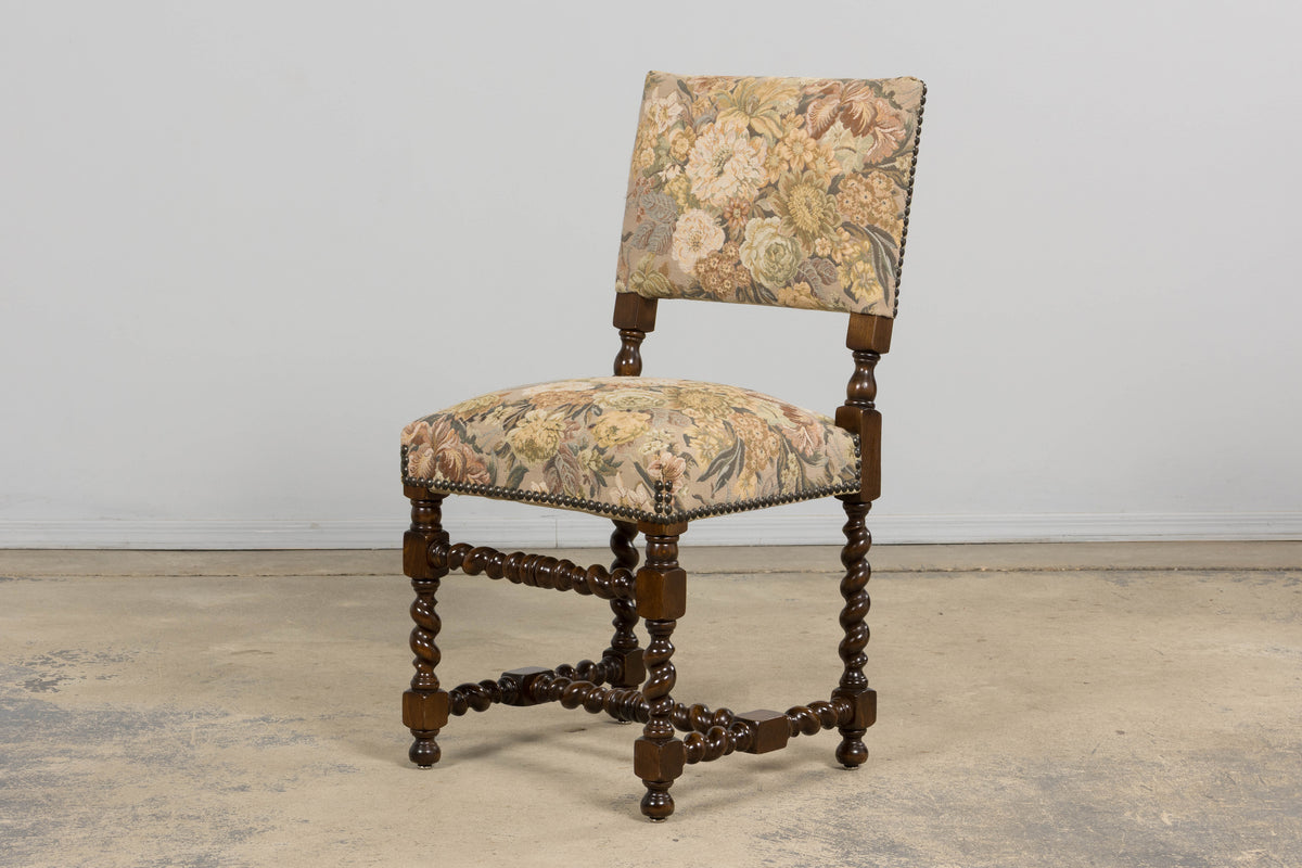 French Louis XIII Style Oak Barley Twist Dining Chairs W/ Floral Tapestry - Set of 8