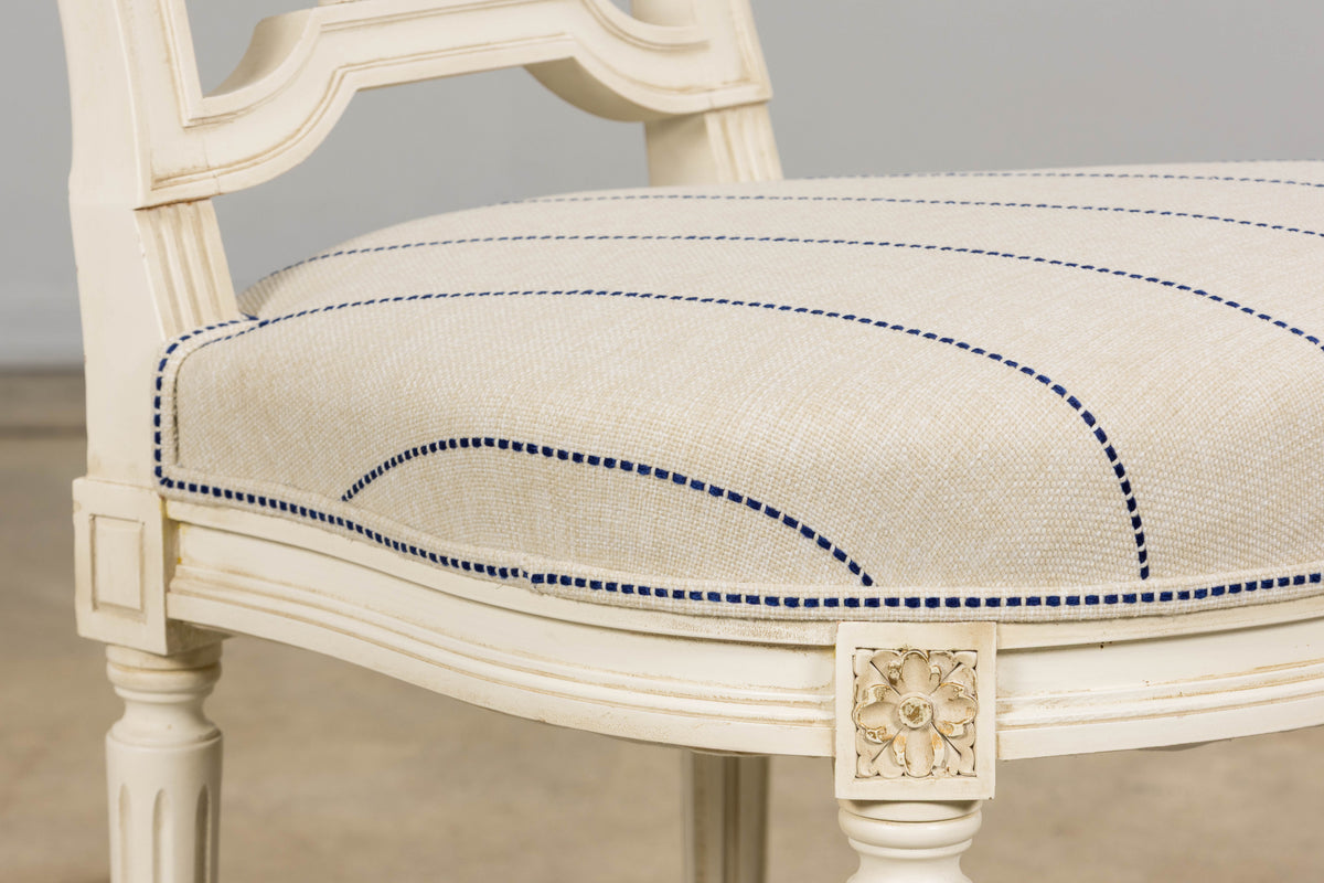 Pair of French Louis XVI Neoclassical Style Painted Lyre Back Accent Chairs in Blue Stripe