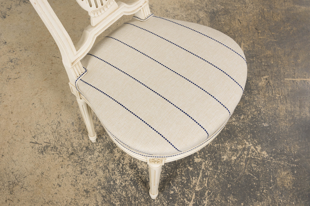 Pair of French Louis XVI Neoclassical Style Painted Lyre Back Accent Chairs in Blue Stripe