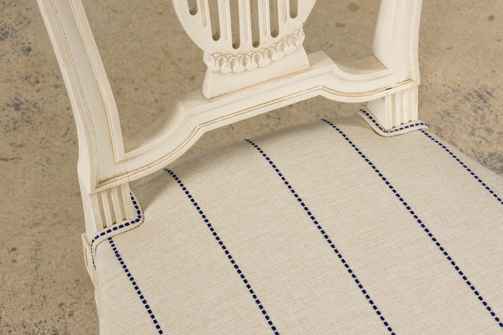 Pair of French Louis XVI Neoclassical Style Painted Lyre Back Accent Chairs in Blue Stripe