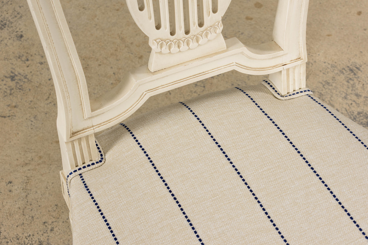 Pair of French Louis XVI Neoclassical Style Painted Lyre Back Accent Chairs in Blue Stripe