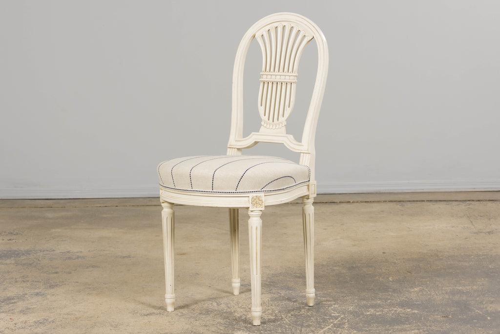 Pair of French Louis XVI Neoclassical Style Painted Lyre Back Accent Chairs in Blue Stripe