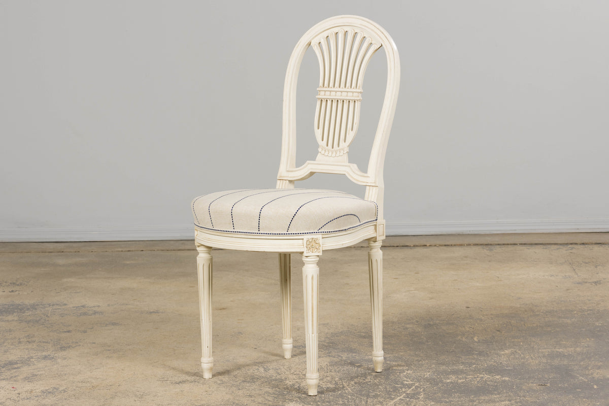 Pair of French Louis XVI Neoclassical Style Painted Lyre Back Accent Chairs in Blue Stripe