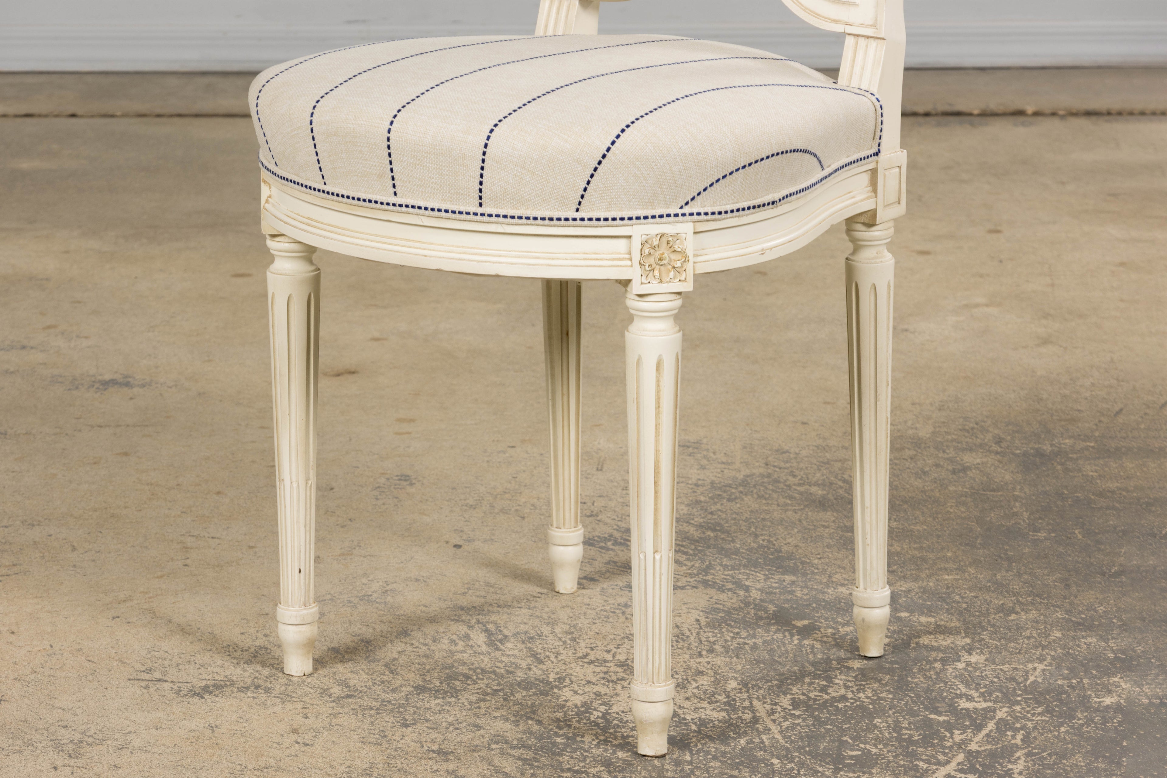 Pair of French Louis XVI Neoclassical Style Painted Lyre Back Accent Chairs in Blue Stripe