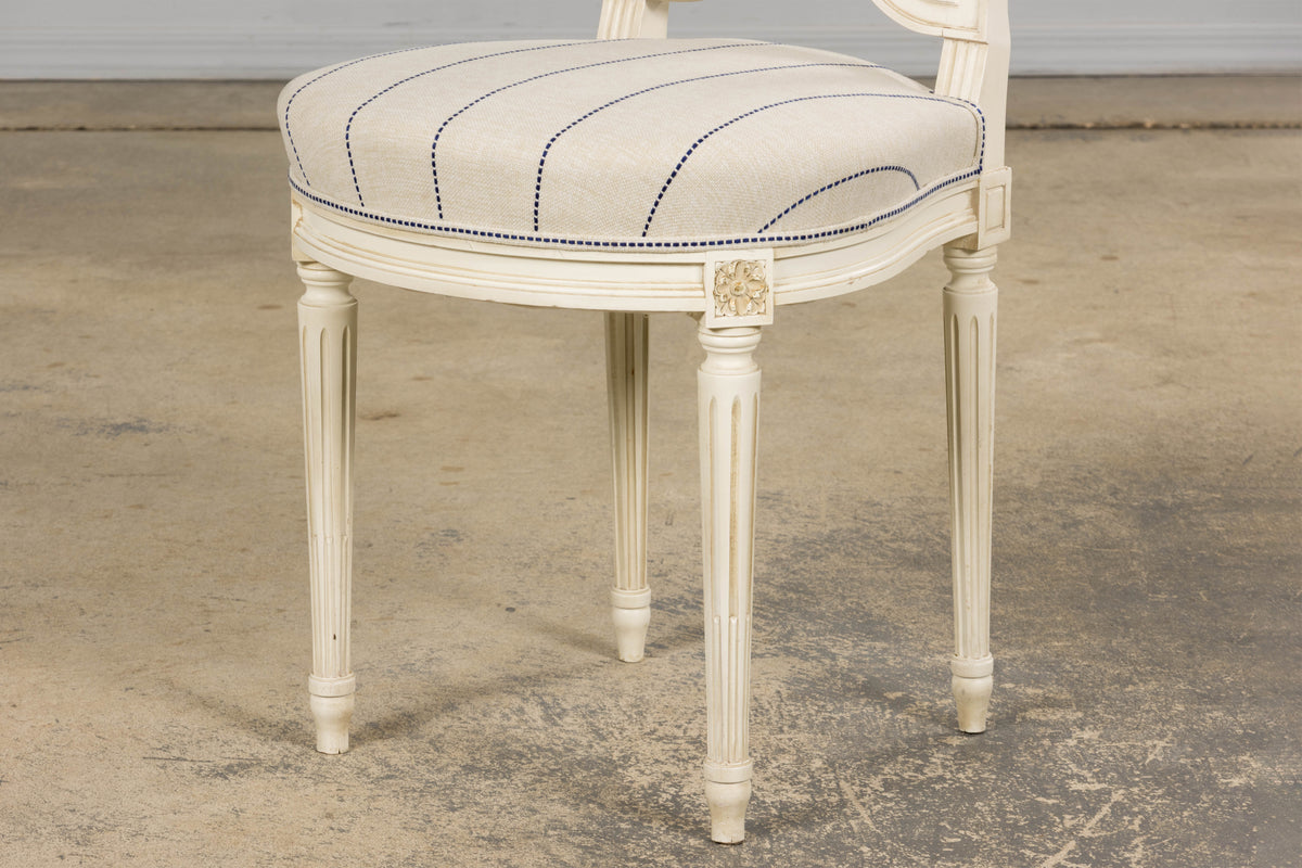 Pair of French Louis XVI Neoclassical Style Painted Lyre Back Accent Chairs in Blue Stripe
