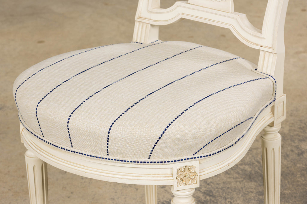 Pair of French Louis XVI Neoclassical Style Painted Lyre Back Accent Chairs in Blue Stripe
