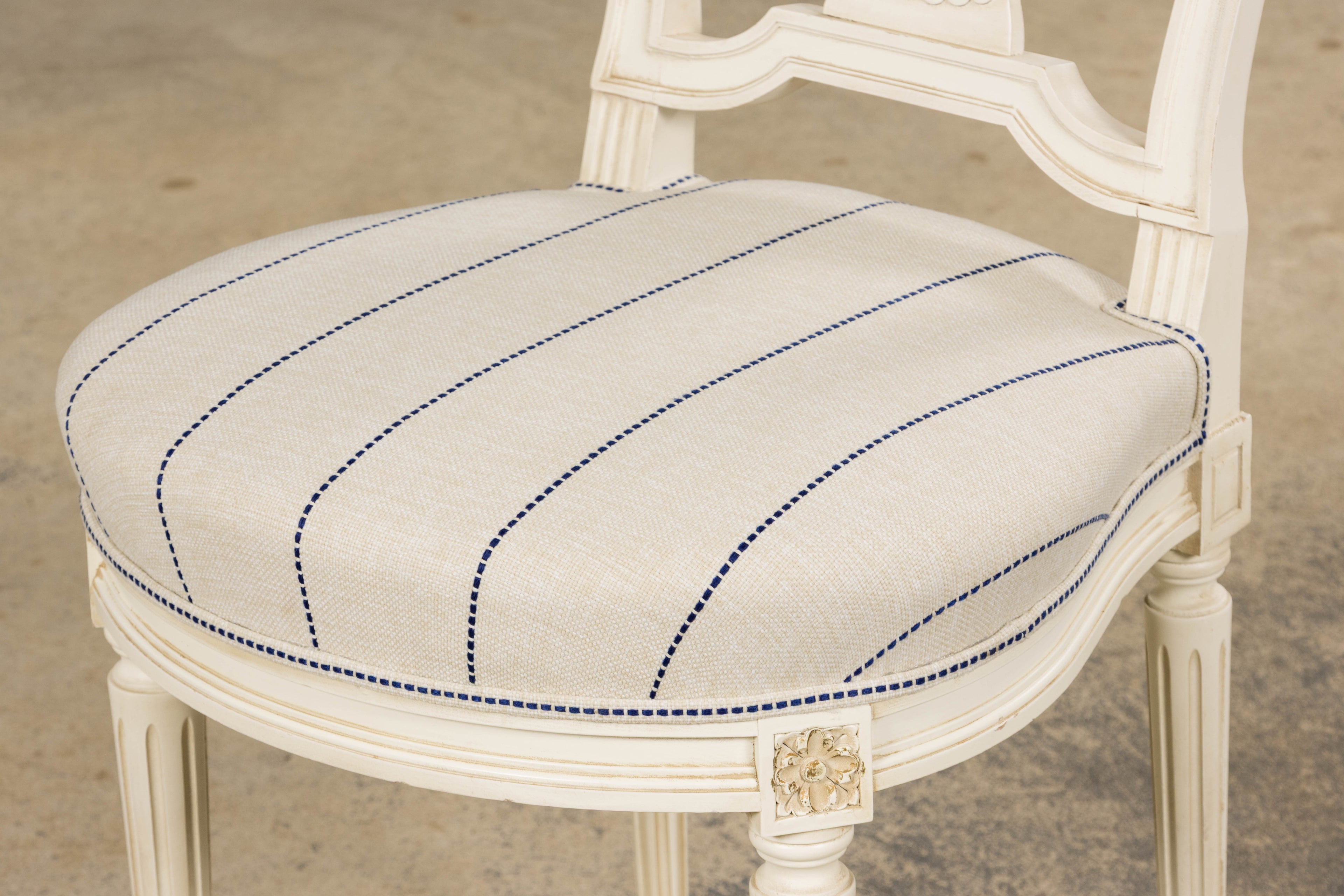 Pair of French Louis XVI Neoclassical Style Painted Lyre Back Accent Chairs in Blue Stripe