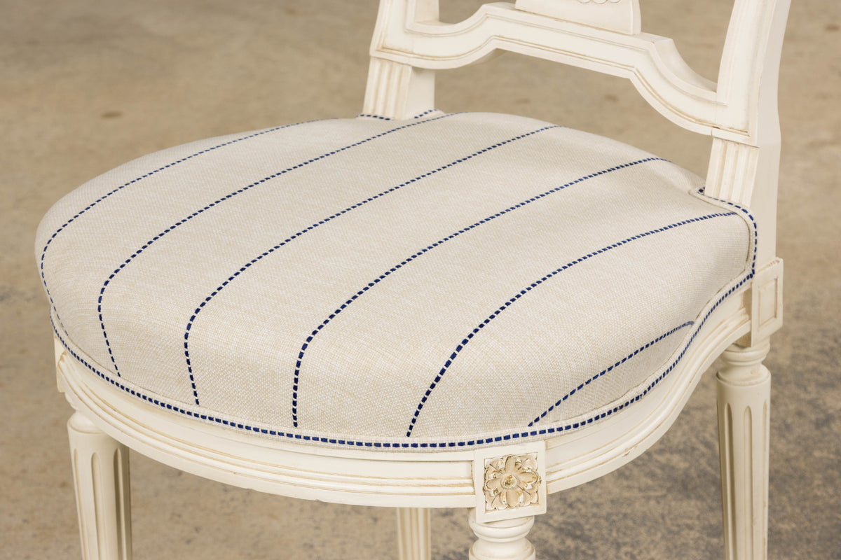 Pair of French Louis XVI Neoclassical Style Painted Lyre Back Accent Chairs in Blue Stripe
