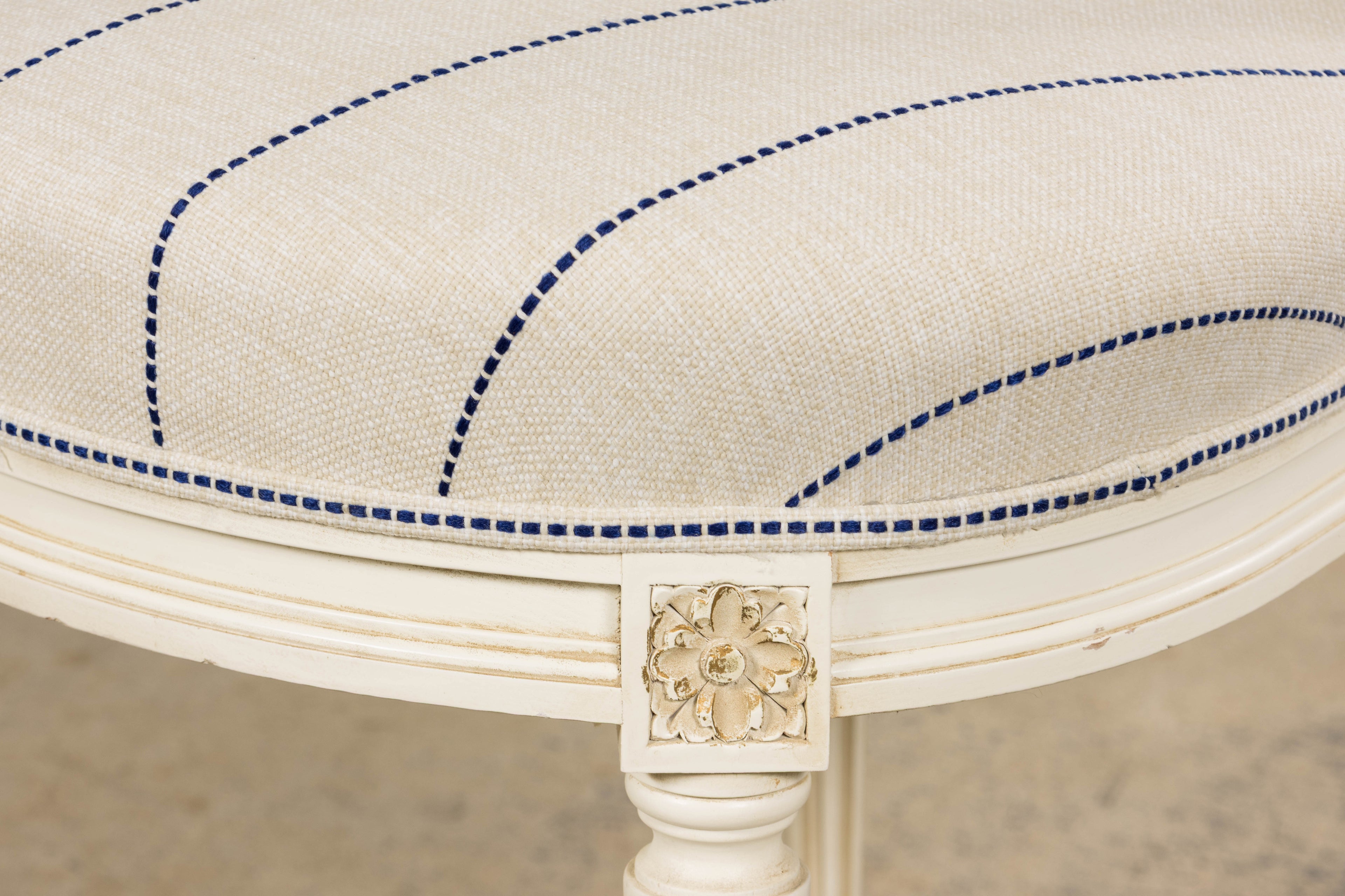 Pair of French Louis XVI Neoclassical Style Painted Lyre Back Accent Chairs in Blue Stripe