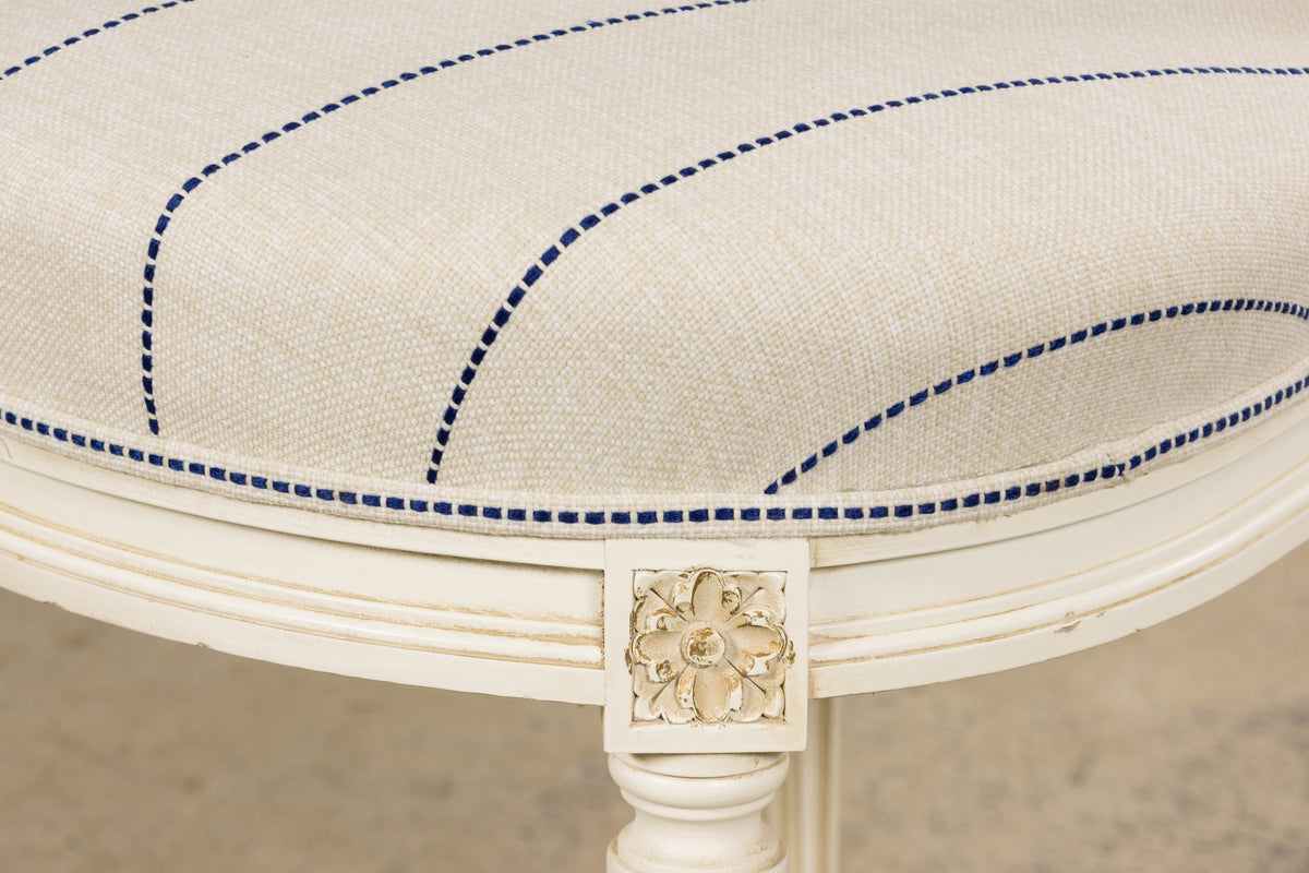Pair of French Louis XVI Neoclassical Style Painted Lyre Back Accent Chairs in Blue Stripe