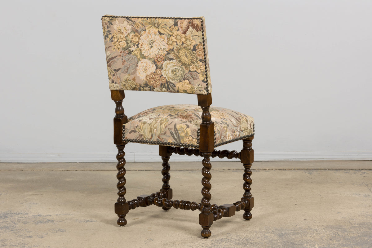 French Louis XIII Style Oak Barley Twist Dining Chairs W/ Floral Tapestry - Set of 8