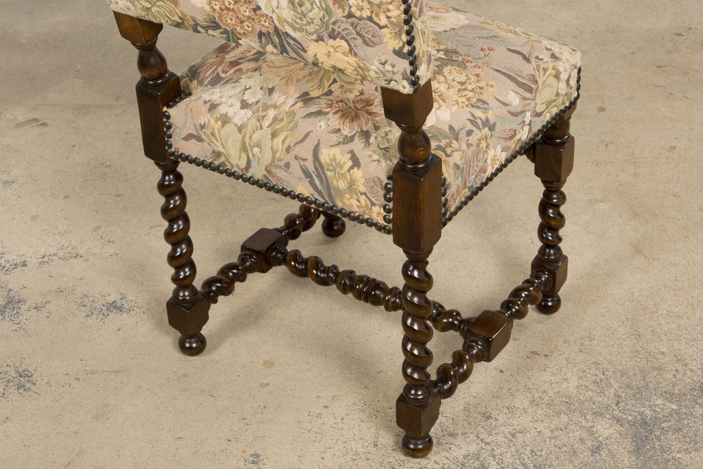 French Louis XIII Style Oak Barley Twist Dining Chairs W/ Floral Tapestry - Set of 8