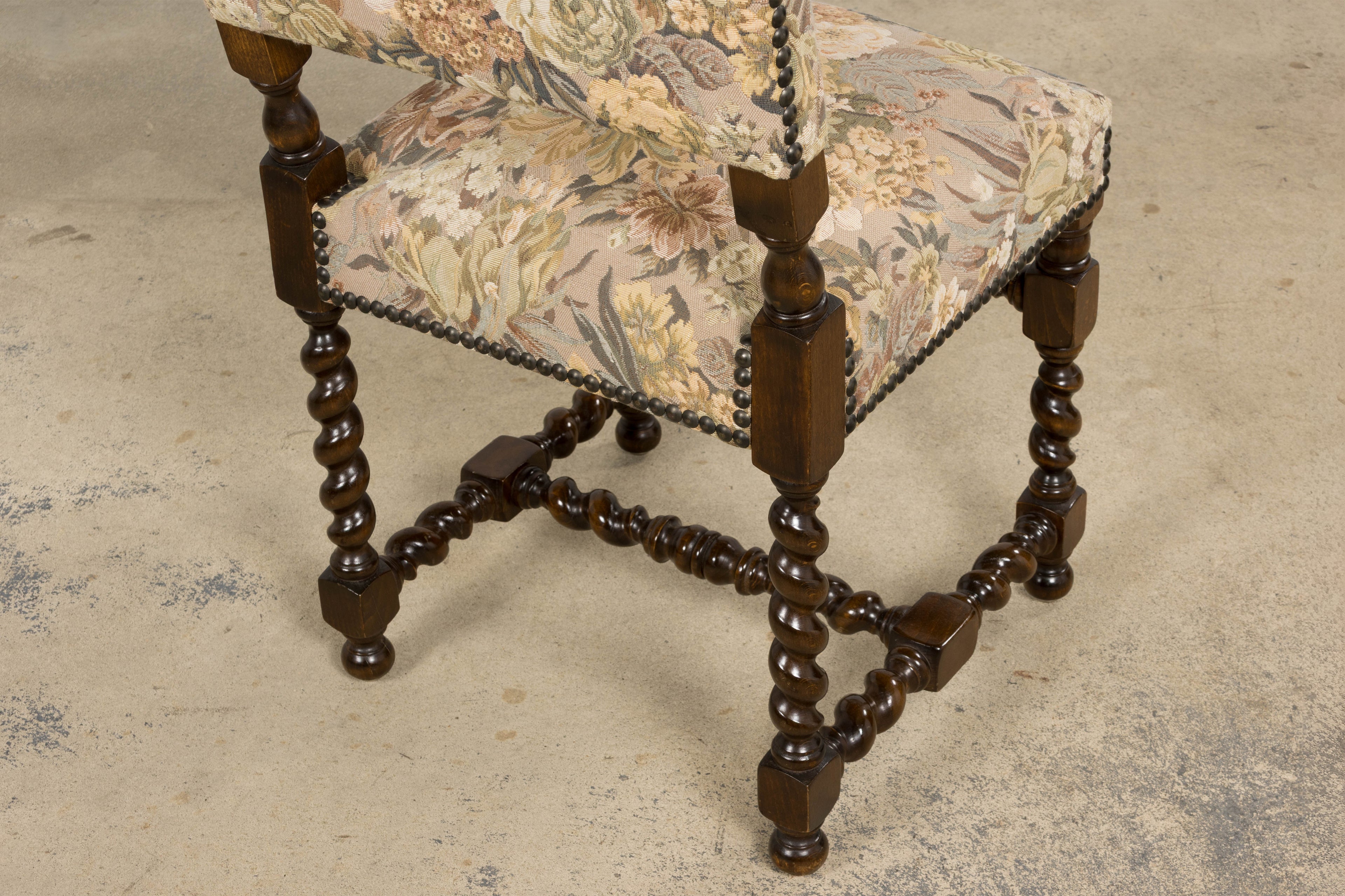 French Louis XIII Style Oak Barley Twist Dining Chairs W/ Floral Tapestry - Set of 8