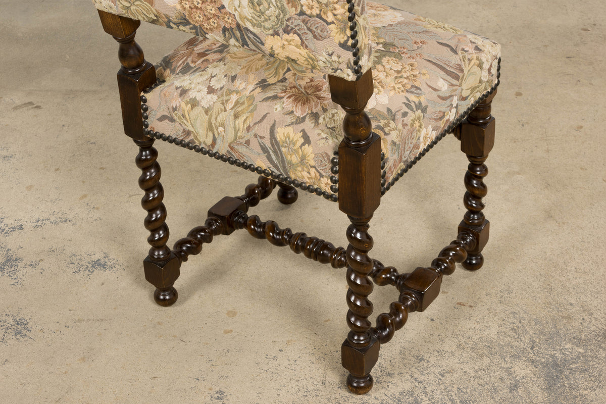 French Louis XIII Style Oak Barley Twist Dining Chairs W/ Floral Tapestry - Set of 8