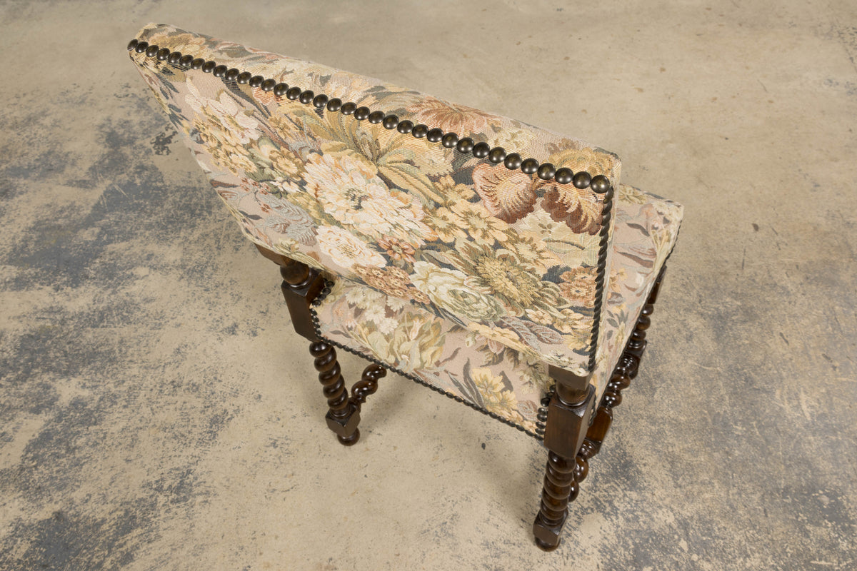French Louis XIII Style Oak Barley Twist Dining Chairs W/ Floral Tapestry - Set of 8