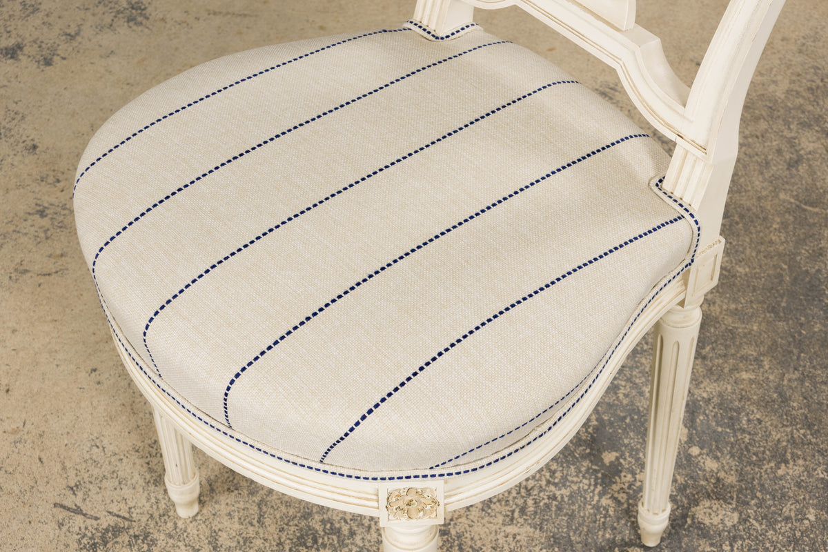 Pair of French Louis XVI Neoclassical Style Painted Lyre Back Accent Chairs in Blue Stripe