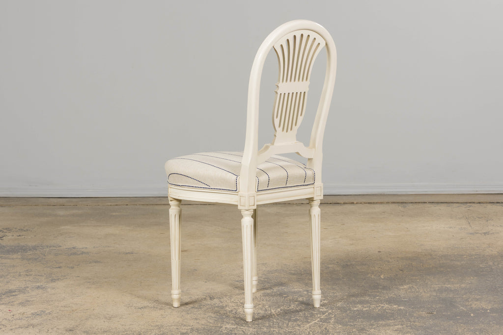 Pair of French Louis XVI Neoclassical Style Painted Lyre Back Accent Chairs in Blue Stripe