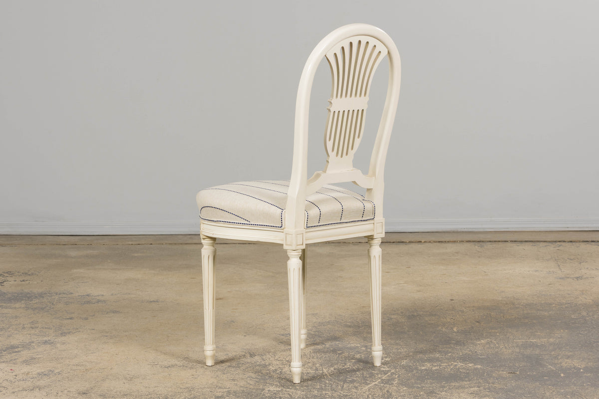 Pair of French Louis XVI Neoclassical Style Painted Lyre Back Accent Chairs in Blue Stripe